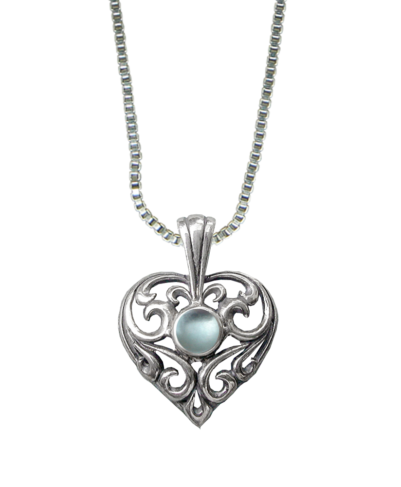 Sterling Silver Exceptional Filigree Heart Pendant With Blue Topaz